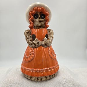Vtg Sittre Ceramics Products Inc Orange Brown Utensil Holder Burlap Rag Doll