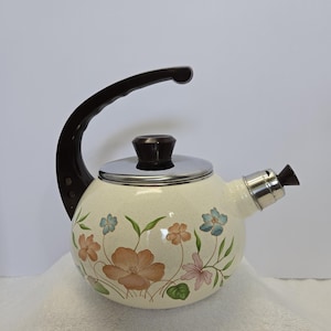 Tetera vintage de esmalte, tetera silbante para estufa, 2 cuartos, color blanco, con diseño floral