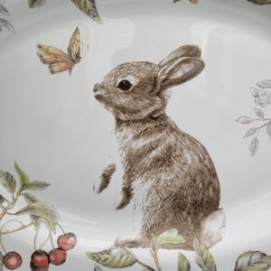 May include: White oval serving platter with a detailed illustration of a brown rabbit, a butterfly, and cherries. The rabbit is standing on its hind legs. Green leaves and floral accents surround the rabbit.