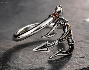 925 Sterling Silver Trident Ring Handmade Mens Silver Ring Adjustable Open Ring Nautical Statement Ring Gift for Him Hip Hop Retro style HQ.