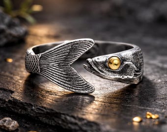 925 Sterling Silver Fish Ring Adjustable Open Band Minimalist Wrap Around Sea Life Ring for Women & Men, Dainty Ocean Jewelry Gift Handmade