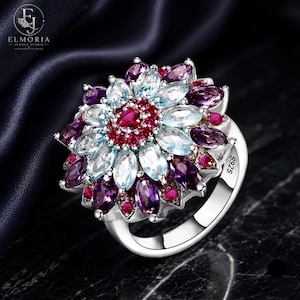 925 Sterling Silver Flower Ring, Floral Statement Cocktail Ring, Amethyst Aquamarine Ruby Gemstone Jewelry, Sizes 6–12, Gift for Her High Q.