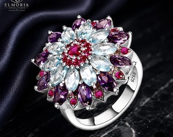 925 Sterling Silver Flower Ring, Floral Statement Cocktail Ring, Amethyst Aquamarine Ruby Gemstone Jewelry, Sizes 6–12, Gift for Her High Q.