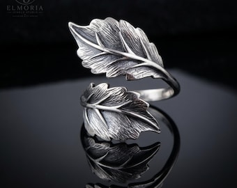 Vintage Leaf Adjustable Open Ring for Women, Nature Inspired Statement Ring, Silver Leaf Jewelry, Boho Gothic Ring, Adjustable Gift for Her