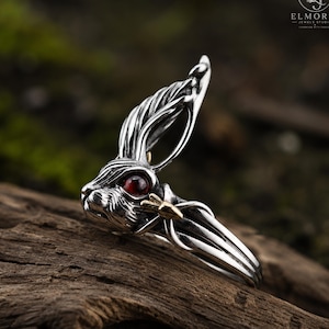 Gothic Bunny Ring, Rabbit Ring, Adjustable Silver Animal Statement Ring, Fantasy Inspired Handmade Jewelry, Unisex Gift for Her Him, Red Eye