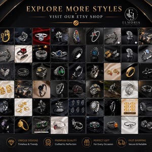 May include: A digital collage displaying a wide variety of rings in different metal finishes and gemstone colors, arranged in a grid format. The image includes the text EXPLORE MORE STYLES, VISIT OUR ETSY SHOP, and the brand name ELMORIA JEWELRY STUDIO.