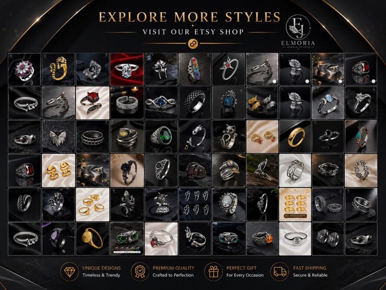 May include: A digital collage displaying a wide variety of rings in different metal finishes and gemstone colors, arranged in a grid format. The image includes the text EXPLORE MORE STYLES, VISIT OUR ETSY SHOP, and the brand name ELMORIA JEWELRY STUDIO.