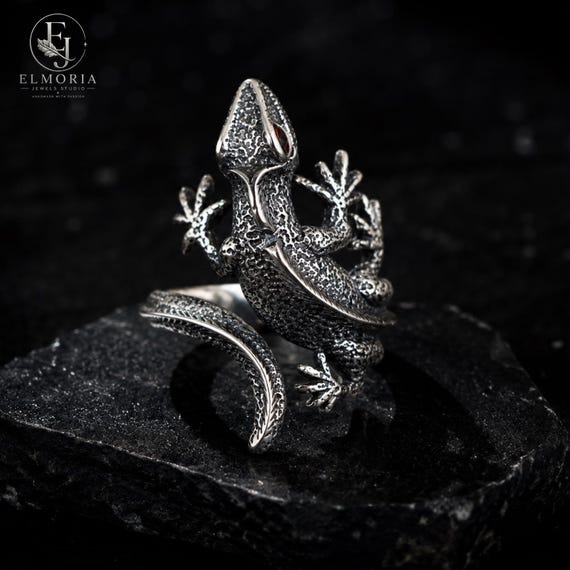 925 Sterling Silver Lizard Ring, Adjustable Gecko Ring, Gothic Reptile Statement Ring, Red Eye Animal Jewelry Punk Gift for Him Her Handmade