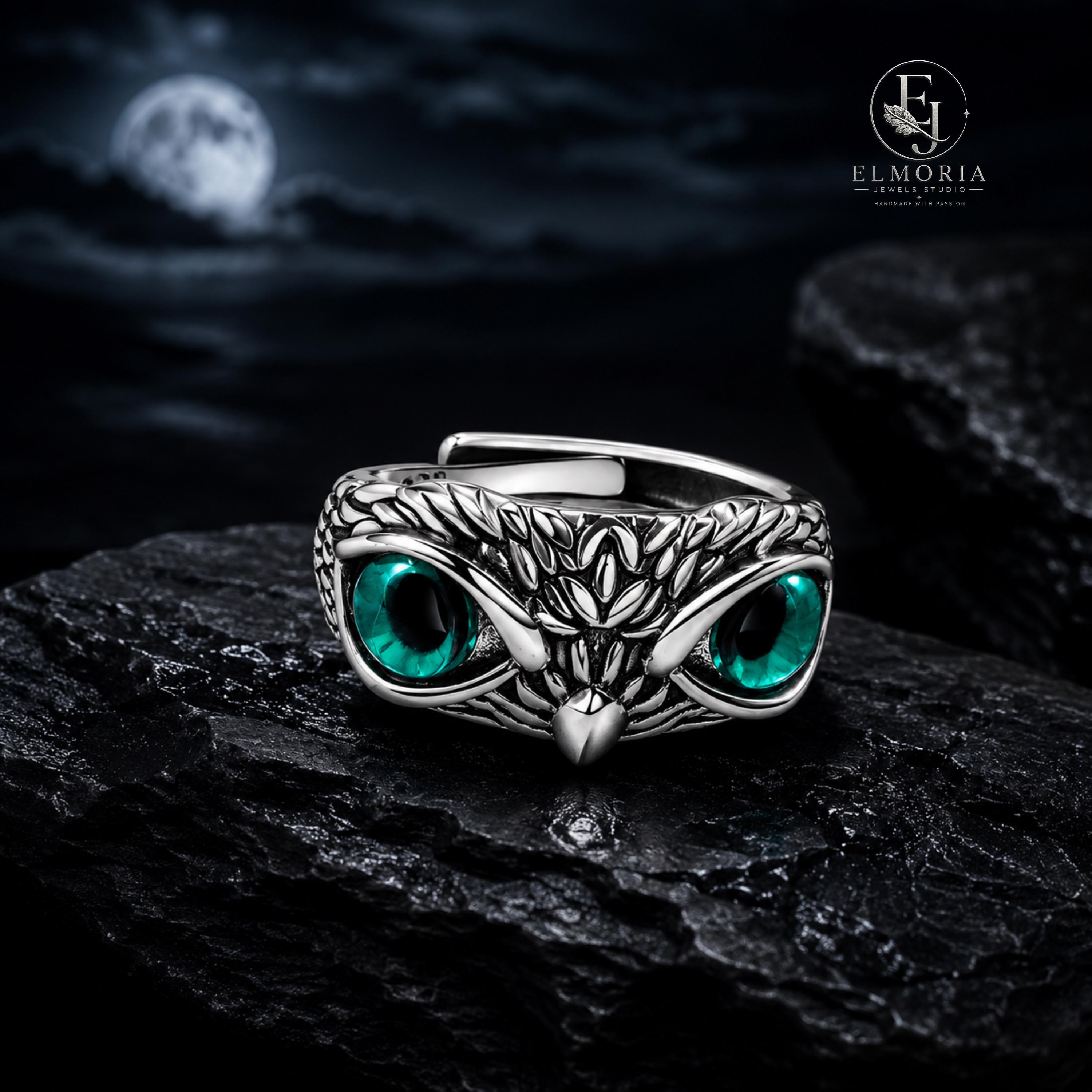 925 Sterling Silver Owl Eyes Ring Adjustable Gothic Vintage Owl Ring Mystical Wisdom Protection Jewe