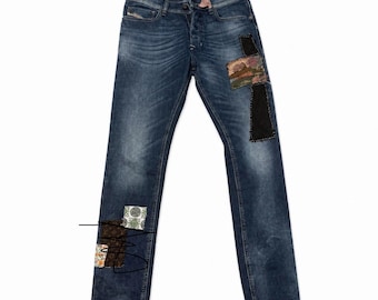 Jeans Diesel Tepphar W27 L32 / Denim slim a carrot fit / Jeans firmati / Jeans a gamba affusolata / Denim patchwork effetto invecchiato