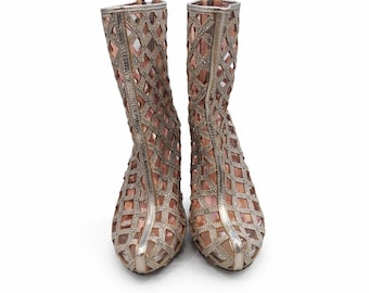 Gold Rhinestone Cage Stiletto Booties – Sparkly Cutout Party Shoes (Size 8.5)