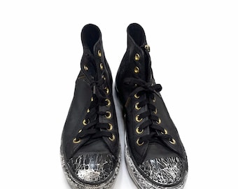 Black Distressed Leather High Top Sneakers – Gold Hardware, Zipper Detail, Crackle Toe Streetwear Shoes