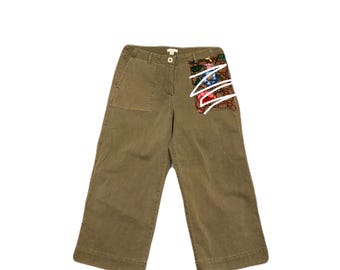 vintage An2K - Pantalon court large vert olive Taille 10 | Détail patchwork floral | Pantalon fonctionnel Boho Cottagecore