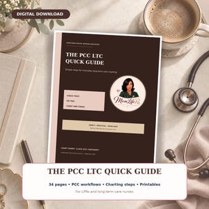 Puede incluir: Un documento digital descargable titulado The PCC LTC Quick Guide, con una portada marrón oscuro, texto en blanco, un retrato circular de una enfermera y el logotipo de MomLifeRx. La guía detalla pasos para el registro de cuidados a largo plazo.