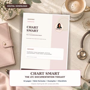 May include: A digital download document titled Chart Smart: The LTC Documentation Toolkit. The page features a circular logo with a person, text detailing the GEM Method, note formulas, and checklists for nursing documentation in a clean layout.