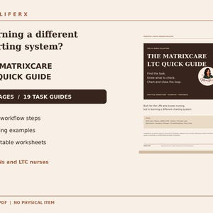 May include: A digital PDF guide titled The Matrixcare LTC Quick Guide, featuring 27 pages and 19 task guides for LPNs and LTC nurses. The document includes clear workflow steps, charting examples, and 3 printable worksheets on a light background.