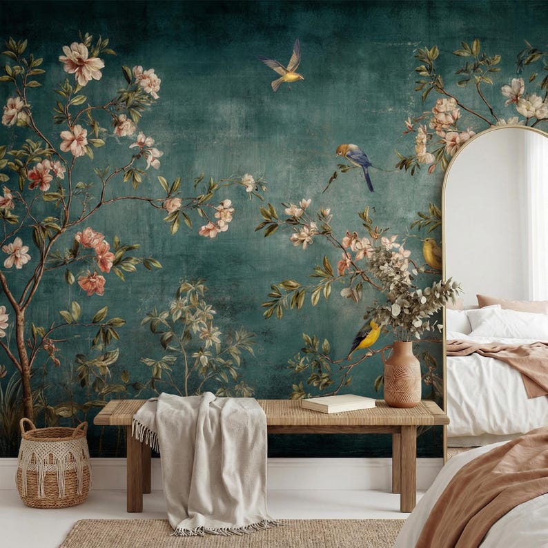 Vintage Floral Bird Wallpaper Mural: Dark Green Chinoiserie, Peel and ...