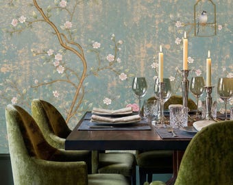 Tapeta samoprzylepna Chinoiserie Bird Blossom: Elegancka tapeta w stylu vintage z motywem botanicznym