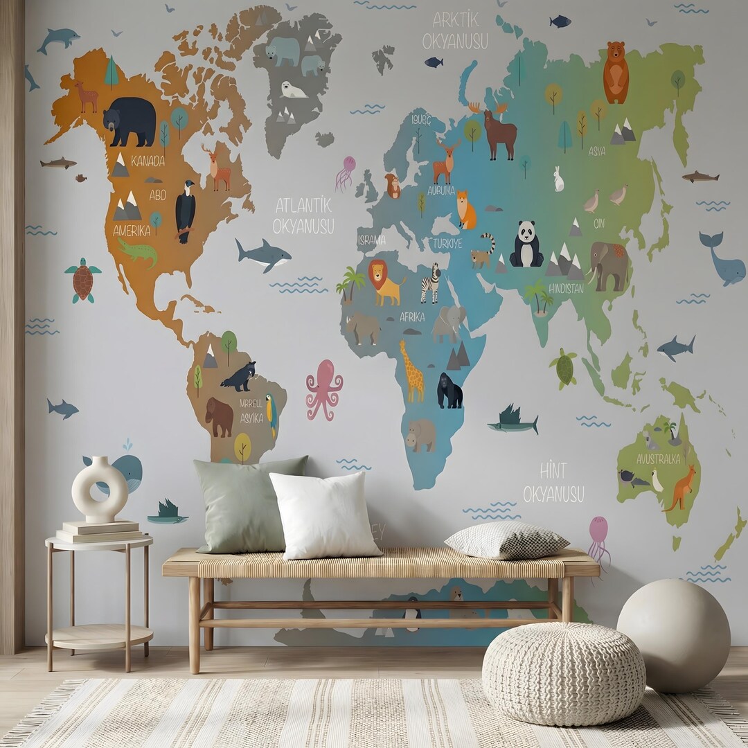 Kids World Map Wallpaper: Educational Animal Wall Mural, Peel and Stick ...