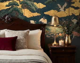 Vintage Asian Crane Wallpaper: Dark Blue Chinoiserie Wall Mural, Peel and Stick