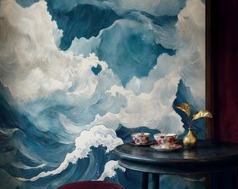 Papel pintado autoadhesivo con textura de olas azules: mural abstracto de pared con temática oceánica.