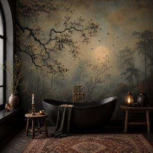 Misty Moonlit Forest Wallpaper Mural: Dark Academia Decor, Peel and Stick