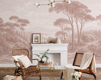 Pink Vintage Landscape Wallpaper: Peel and Stick Mural