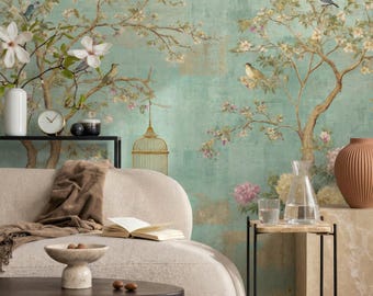 Tapeta w stylu vintage z motywem kwiatowym i ptakami: chinoiserie do sypialni, do odklejenia i przyklejenia