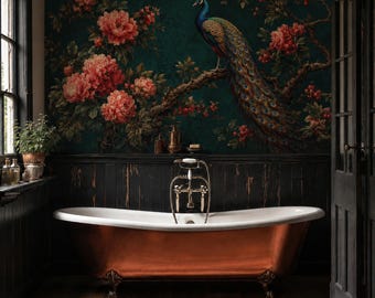 Puede incluir: Una bañera exenta de cobre con interior blanco y patas ornamentadas frente a una pared oscura con un mural de un pavo real posado en una rama entre flores rosas. Un grifo plateado está montado en el borde de la bañera.