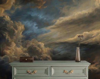 ムーディーな雲の絵画壁紙：ダークアカデミアの壁画、貼ってはがせる