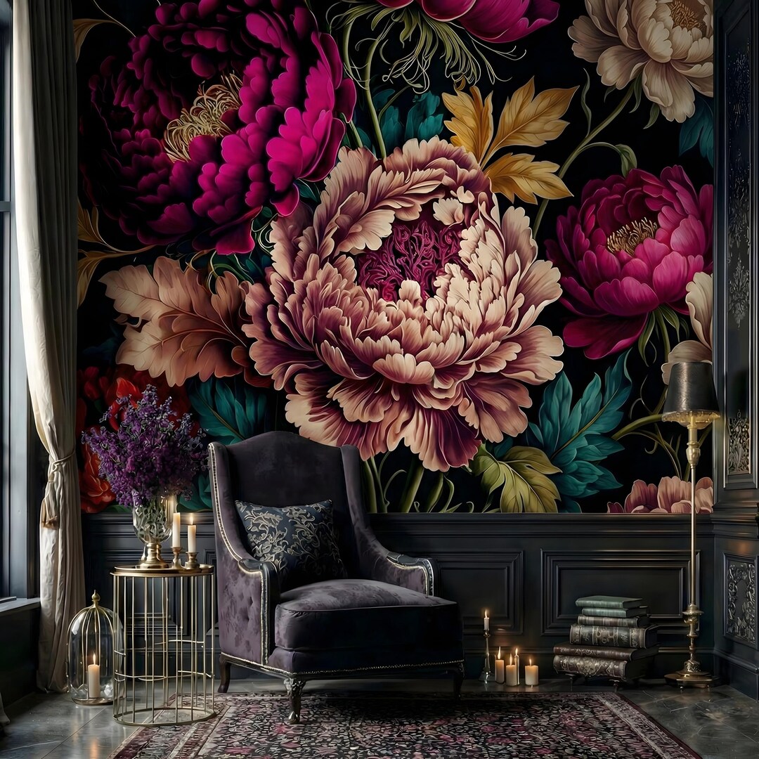 Dark Floral Peony Peel and Stick Wallpaper: Moody Vintage Botanical ...