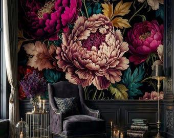 Dark Floral Peony Peel and Stick Wallpaper: Moody Vintage Botanical Wallpaper Mural