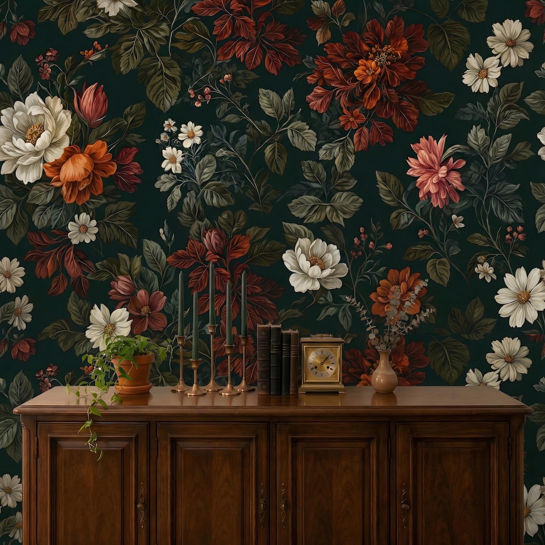 Dark Vintage Floral Wallpaper Mural: Moody Botanical Decor, Peel and ...