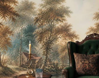 Fototapeta z rustykalnym krajobrazem leśnym: malowidło ścienne w stylu pasterskim, do samodzielnego odklejenia i przyklejenia
