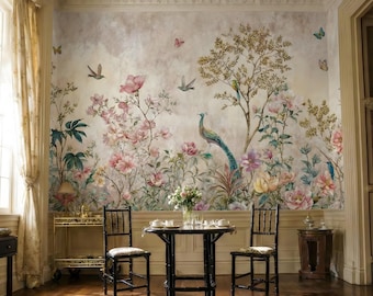 Papier peint paon floral vintage : décoration murale botanique chinoiseries, à retirer et à coller