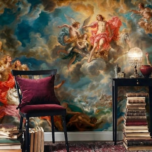 May include: A black wooden chair with a burgundy velvet cushion and seat is positioned in front of a large mural depicting classical figures in a cloudy sky. A small black table holds a lamp and books. The room has a classical theme.