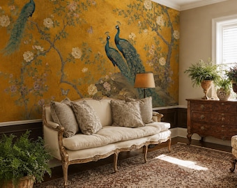 Gold Peacock Chinoiserie Wallpaper Mural: Vintage Floral Decor, Peel and Stick