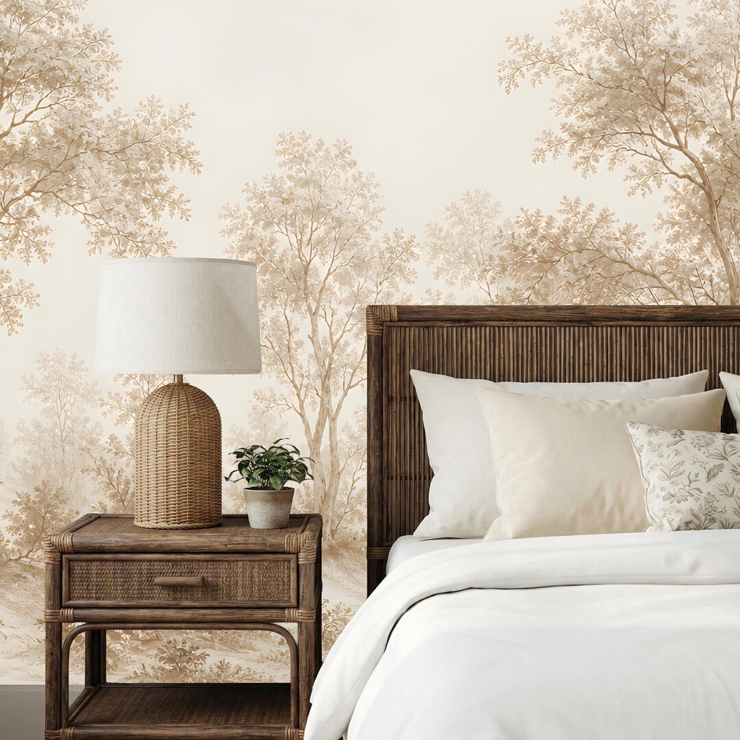 Vintage Forest Trees Wallpaper Mural: Calm Neutral Botanical, Peel and ...