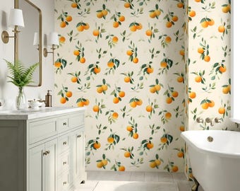Papel pintado vintage de cítricos y naranja, tejido no tejido tradicional liso, autoadhesivo, texturizado, extraíble.