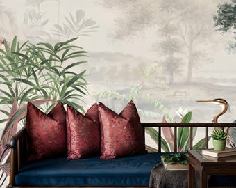 Tapeta samoprzylepna Chinoiserie Tropical Landscape: Elegancka tapeta z malowniczym widokiem