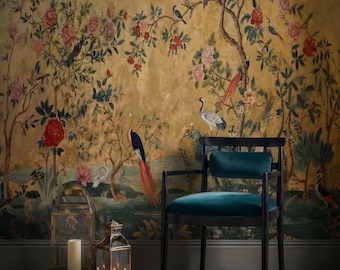 Carta da parati vintage in stile Chinoiserie con uccelli: murale floreale orientale, autoadesiva.