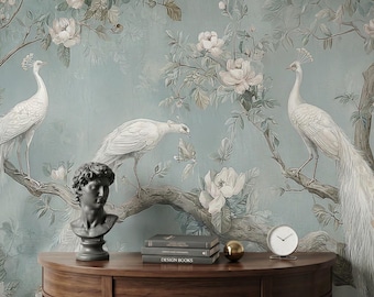 White Peacock Floral Peel and Stick Wallpaper: Chinoiserie Wallpaper Mural