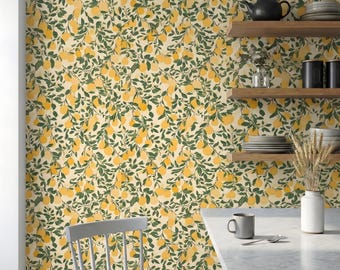 Lemon Pattern Fruit Wallpaper, Pre Pasted Peel and Stick Canvas, Removable Textured Wall Decor, Traditional Non Woven for Bathroom Kitchen