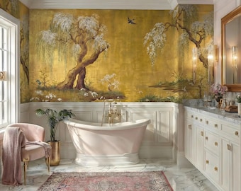 Złota tapeta Chinoiserie Willow: Fototapeta w stylu vintage z motywem ptaków, do samodzielnego odklejenia i przyklejenia