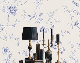 Fototapeta z motywem roślinnym i niebieskimi kwiatami: klasyczna chinoiserie, do odklejenia i przyklejenia