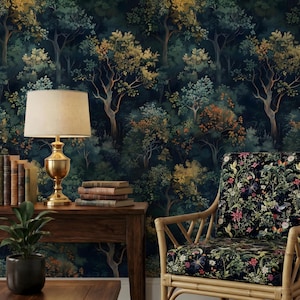 Moody Forest Trees Wallpaper: Dark Botanical Wall Mural, Peel and Stick