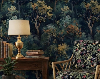 Moody Forest Trees Wallpaper: Dark Botanical Wall Mural, Peel and Stick