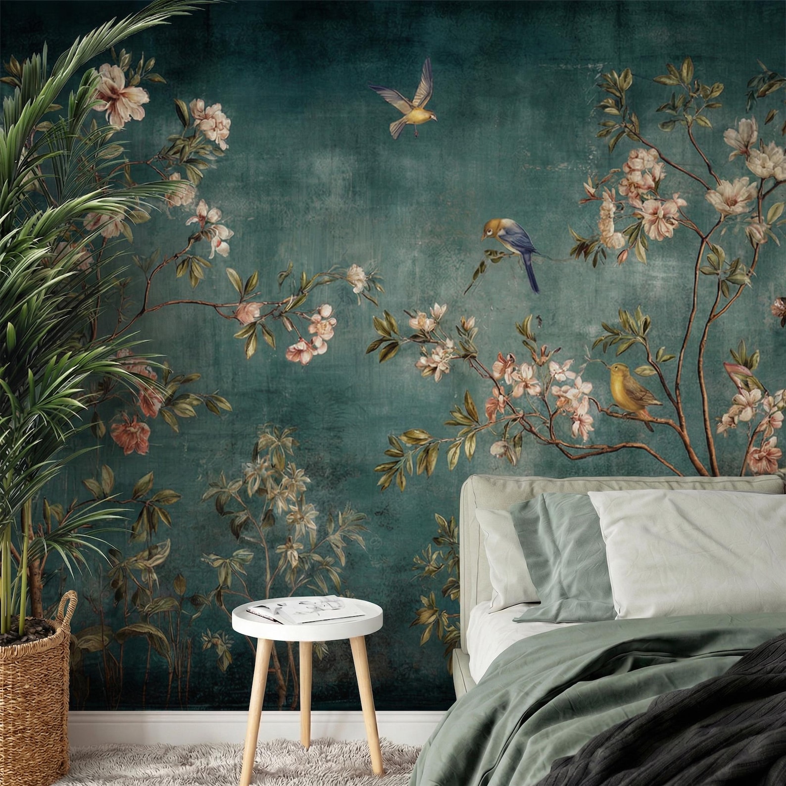 Vintage Floral Bird Wallpaper Mural: Dark Green Chinoiserie, Peel and ...