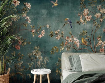 Vintage Floral Bird Wallpaper Mural: Dark Green Chinoiserie, Peel and Stick