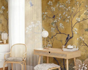 Gold Chinoiserie Floral Wallpaper: Elegant Bird Wall Mural, Peel and Stick